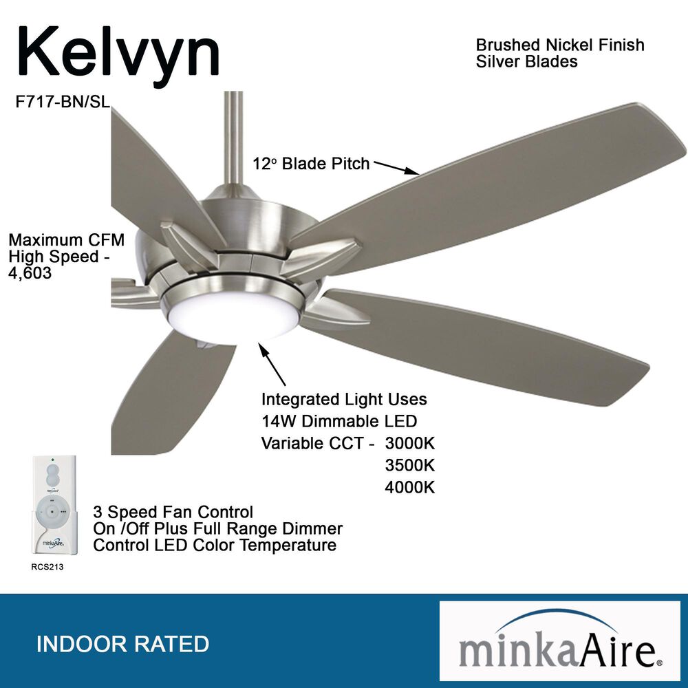 Minka-Aire Kelvyn 52" Ceiling Fan with LED Light in Brushed Nickel, , large