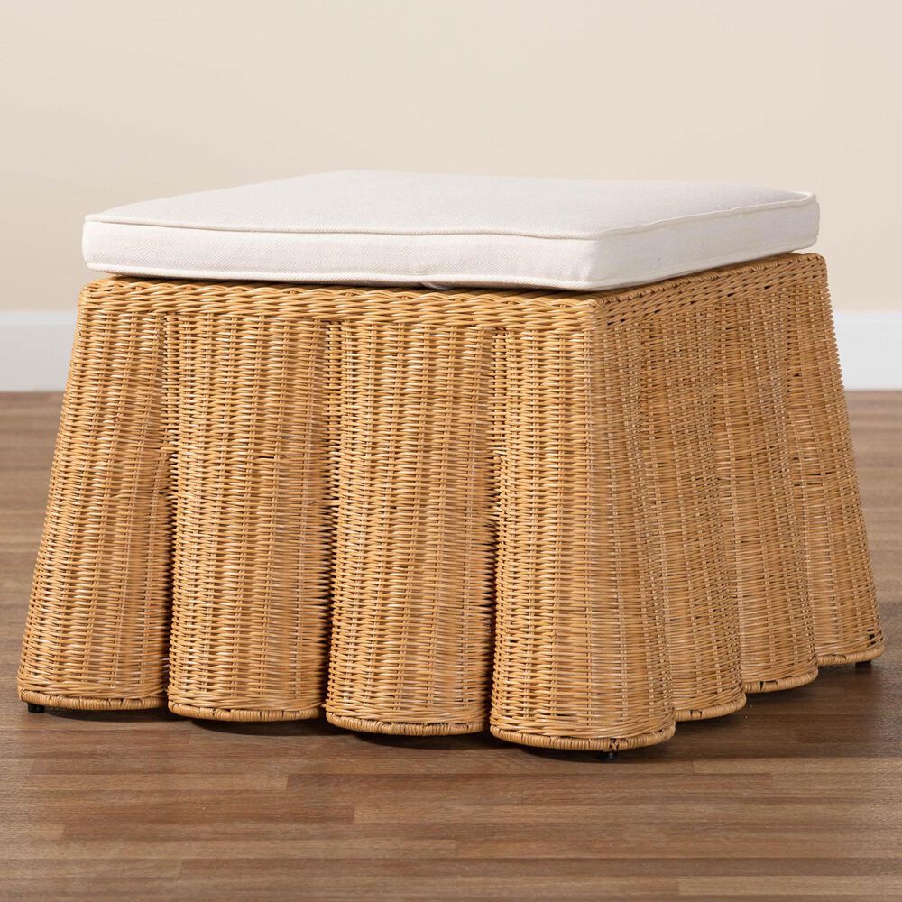 Baxton Studio Palm 27" Square Ottoman with Light Honey Rattan in White, , large