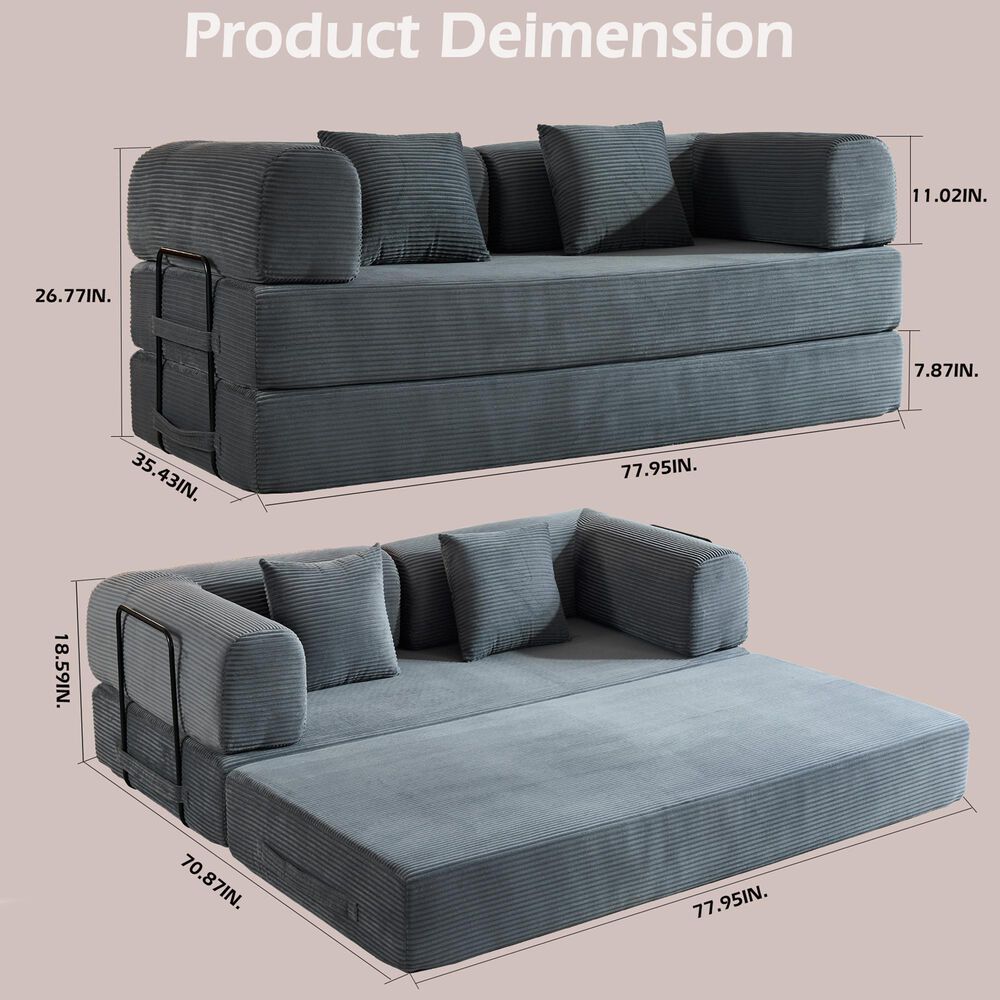 GigaCloud Corduroy Convertible Sleeper Sofa with Cylindrical Pillow in Gray, , large