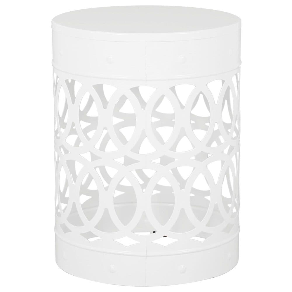 Hearth and Haven Large Cylindrical-Shaped Iron Patio End Table in White, , large