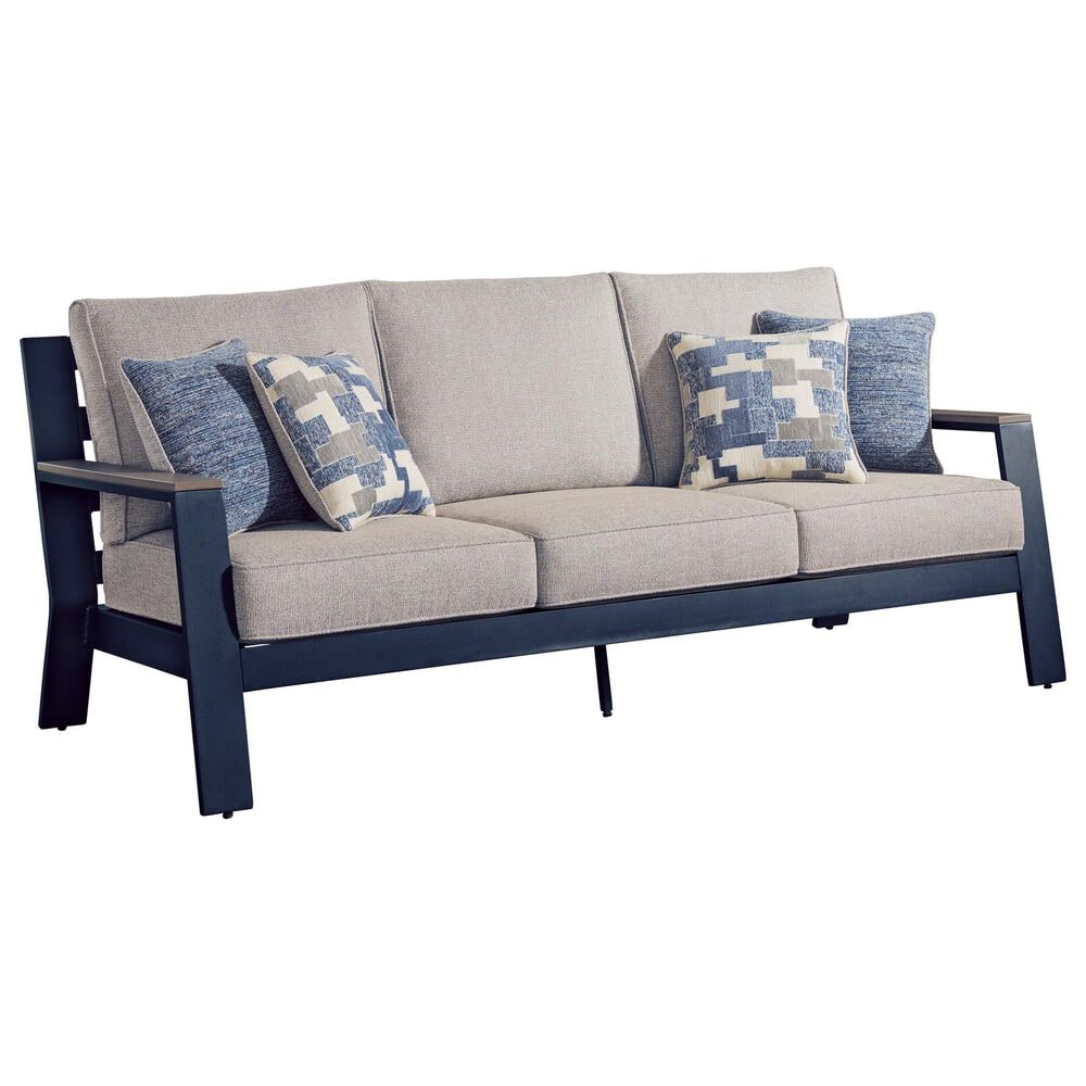Ashley East Beach Stationary Sofa with Beige Cushions in Navy Blue and Driftwood, , large
