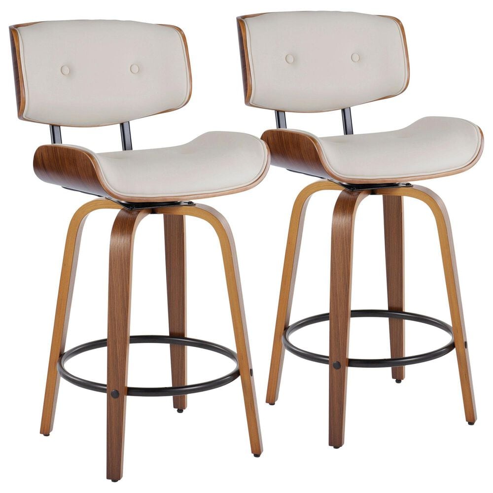 LumiSource Lombardi 26" Swivel Counter Stool with Cream Faux Leather Upholstery in Walnut and Black (Set of 2), , large