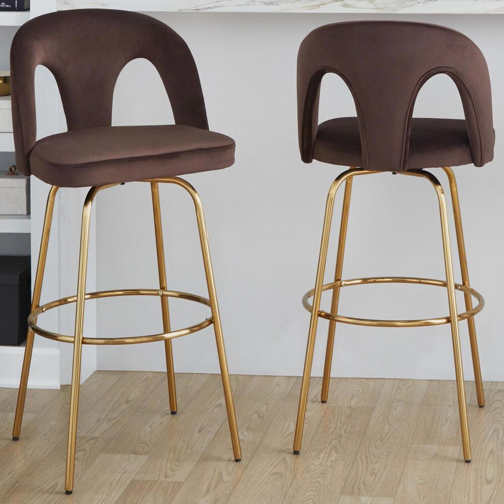 LumiSource Ava Swivel Bar Stool with Espresso Velvet Upholstery in Gold (Set of 2), , large
