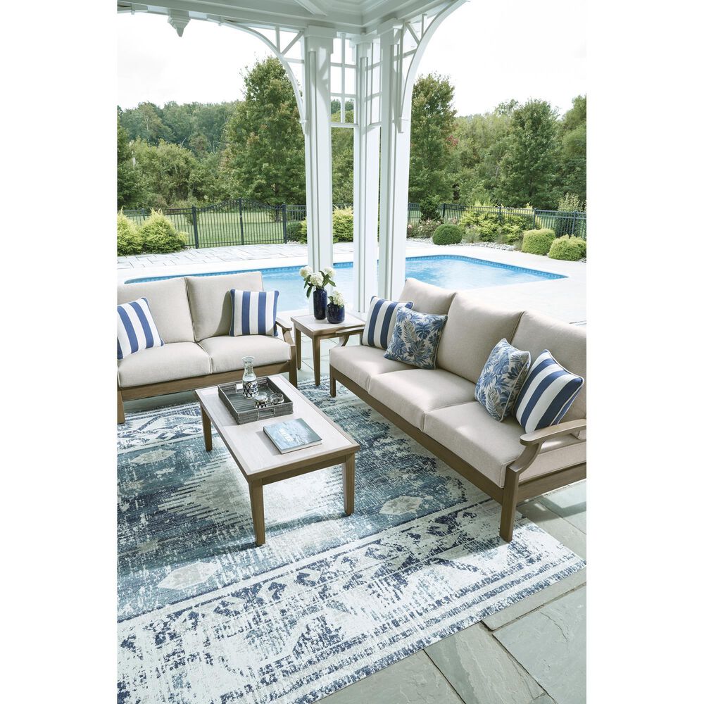 Ashley Rainier Ranch Outdoor Loveseat with Beige Cushion in Brown, , large