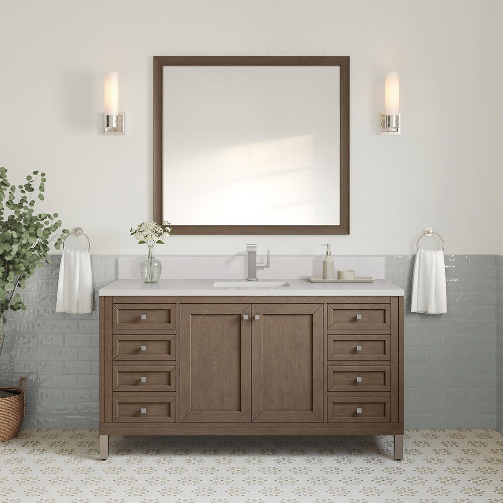 James Martin Vanities Chicago 60&quot; Single Bathroom Vanity in Whitewashed Walnut with Single Hole 3 cm White Zeus Quartz Top and Rectangular Sink, , large