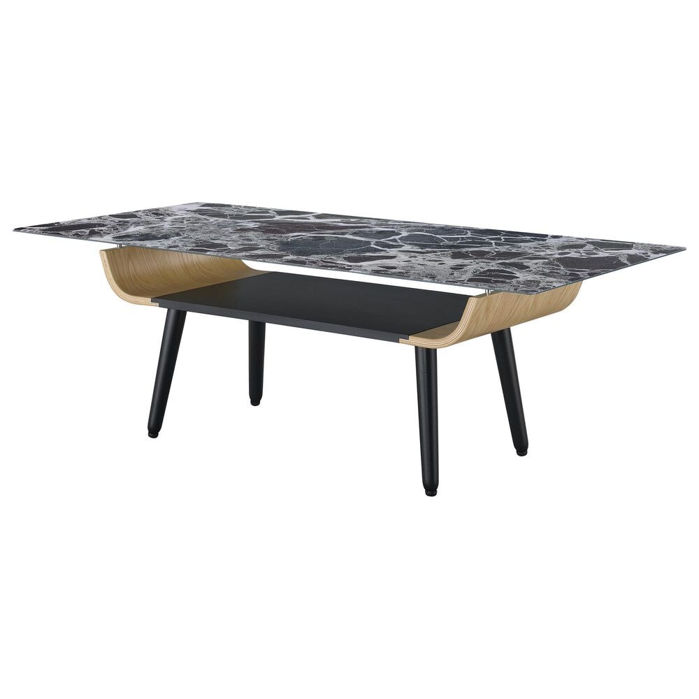 HOMLUX 47" Coffee Table with Marble Glass Top in Black, , large