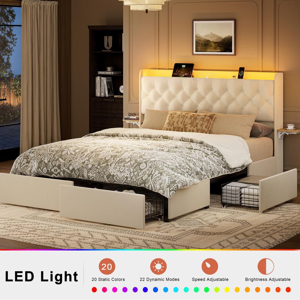 HOMLUX Queen Upholstered Platform Storage Bed in Beige, , large