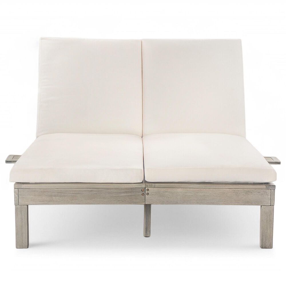 HOMLUX Patio 2-Person Chaise Lounge with Folding Side Tables and Gray Frame in Beige, , large