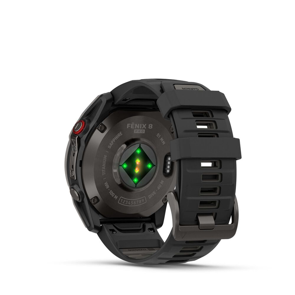 Garmin Fenix 8 Pro Sapphire AMOLED Smartwatch 51mm Carbon Gray DLC Titanium Case with Black and Pebble Gray Silicone Band, , large