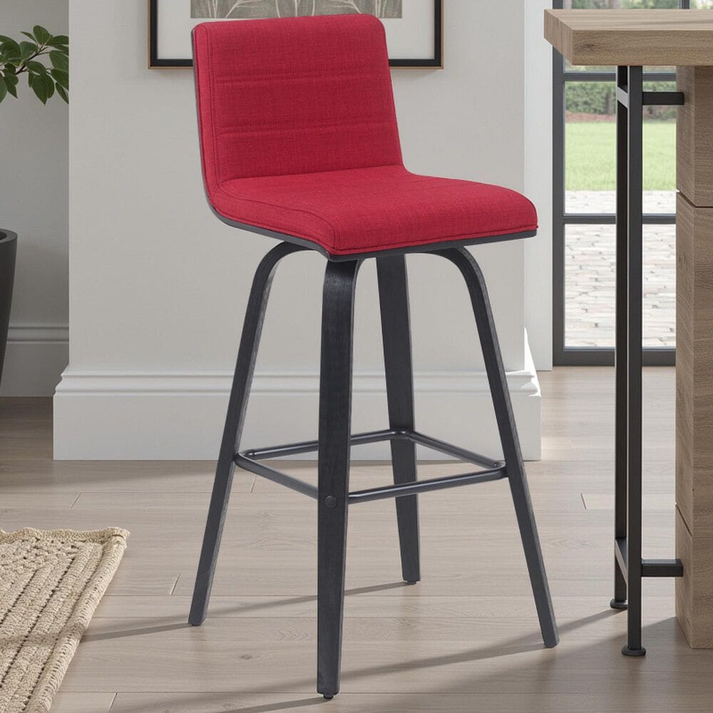 Armen Living Vienna Swivel Bar Height Stool with Red Upholstery in Black Brushed, , large