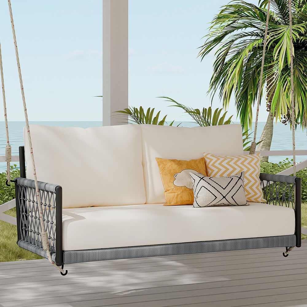 HOMLUX Patio Woven Rope Swing Sofa with Black Steel in Beige, , large