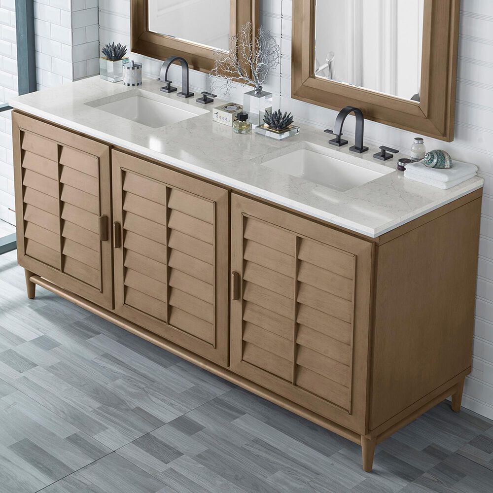 James Martin Vanities Portland 72&quot; Double Bathroom Vanity in Whitewashed Walnut with 3 cm Eternal Jasmine Pearl Quartz Top and Rectangular Sinks, , large