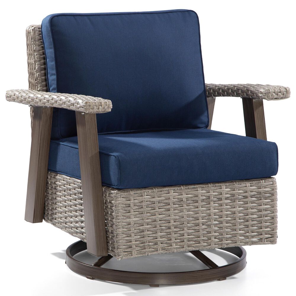 Sunwell Garden Patio Outdoor Swivel Chair with Light Gray Wicker in Navy, , large