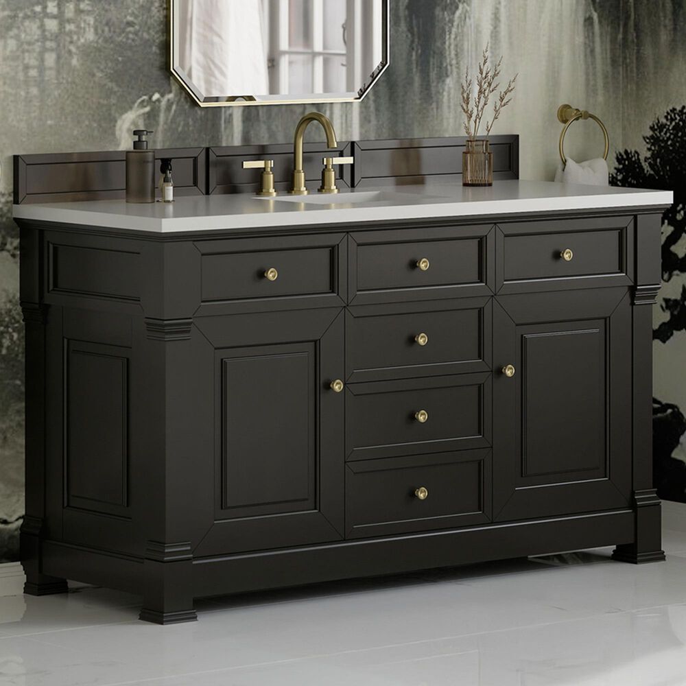 James Martin Vanities Brookfield 60&quot; Single Bathroom Vanity in Black Onyx with 3 cm White Zeus Quartz Top and Rectangular Sink, , large