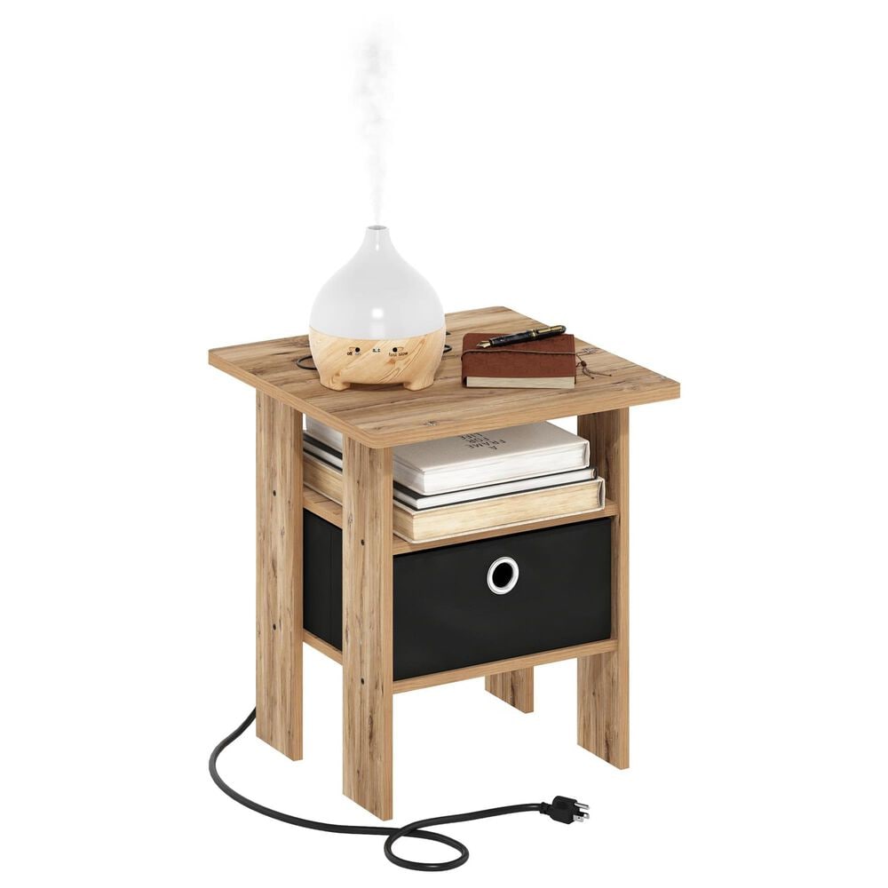 HOMLUX USB and Type-C Port Charging Station End Table with Black Storage Bin in Flagstaff Oak, , large