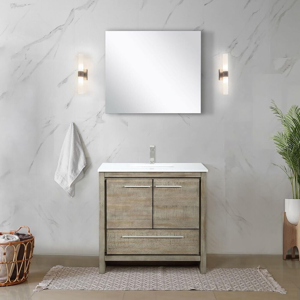 Lexora Home Lafarre 36&quot; Single Bathroom Vanity in Rustic Acacia with 2 cm White Quartz Top and Rectangular Sink, , large