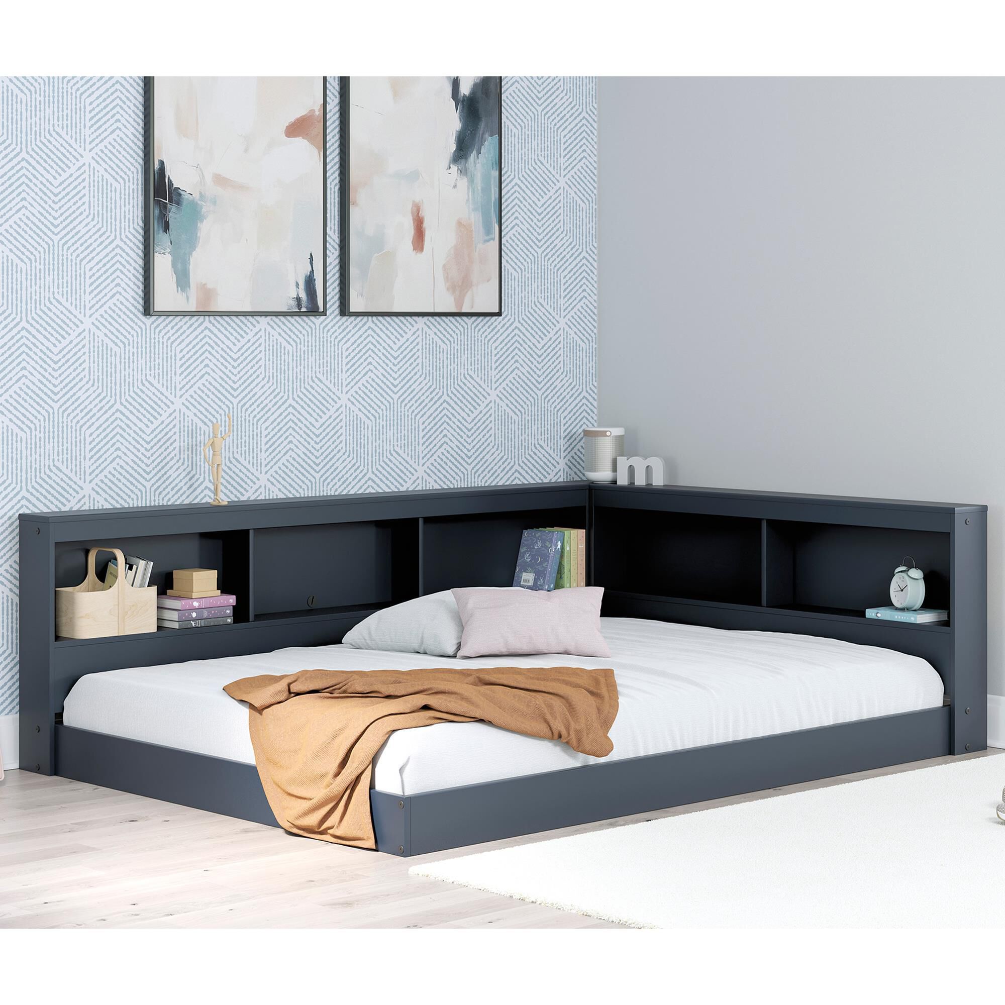Ashley Simmenfort Full Bookcase Storage Floor Bed in Navy Blue