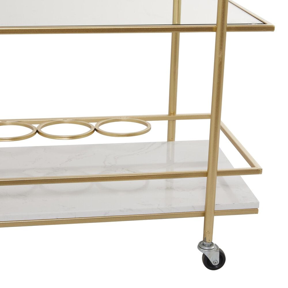 Maple and Jade 3-Shelf Bar Cart with Handle in Satin Gold and White Marble, , large