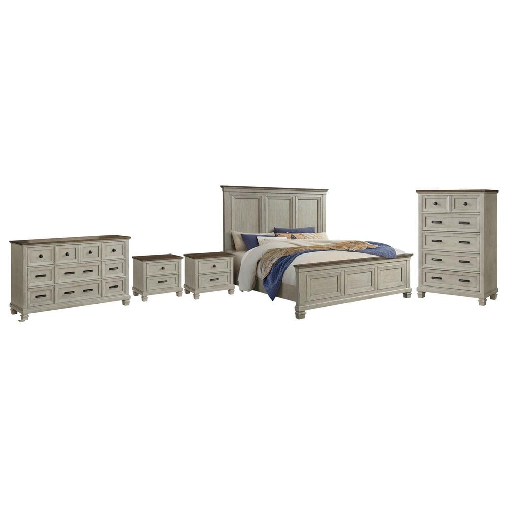 Mayberry Hill Farmington 5-Piece Queen Panel Bedroom Set with Two Nightstands in Medium Brown and Washed Stone, , large