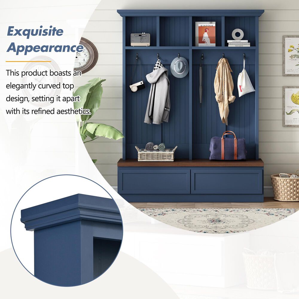 HOMLUX 6-Hook Hall Tree with Wood Grain Bench in Blue, , large