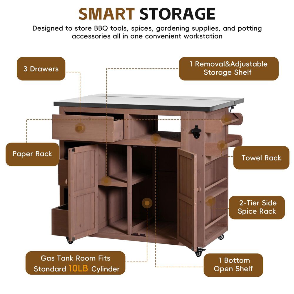 HOMLUX 41.9" Outdoor Extendable Kitchen Island in Brown, , large