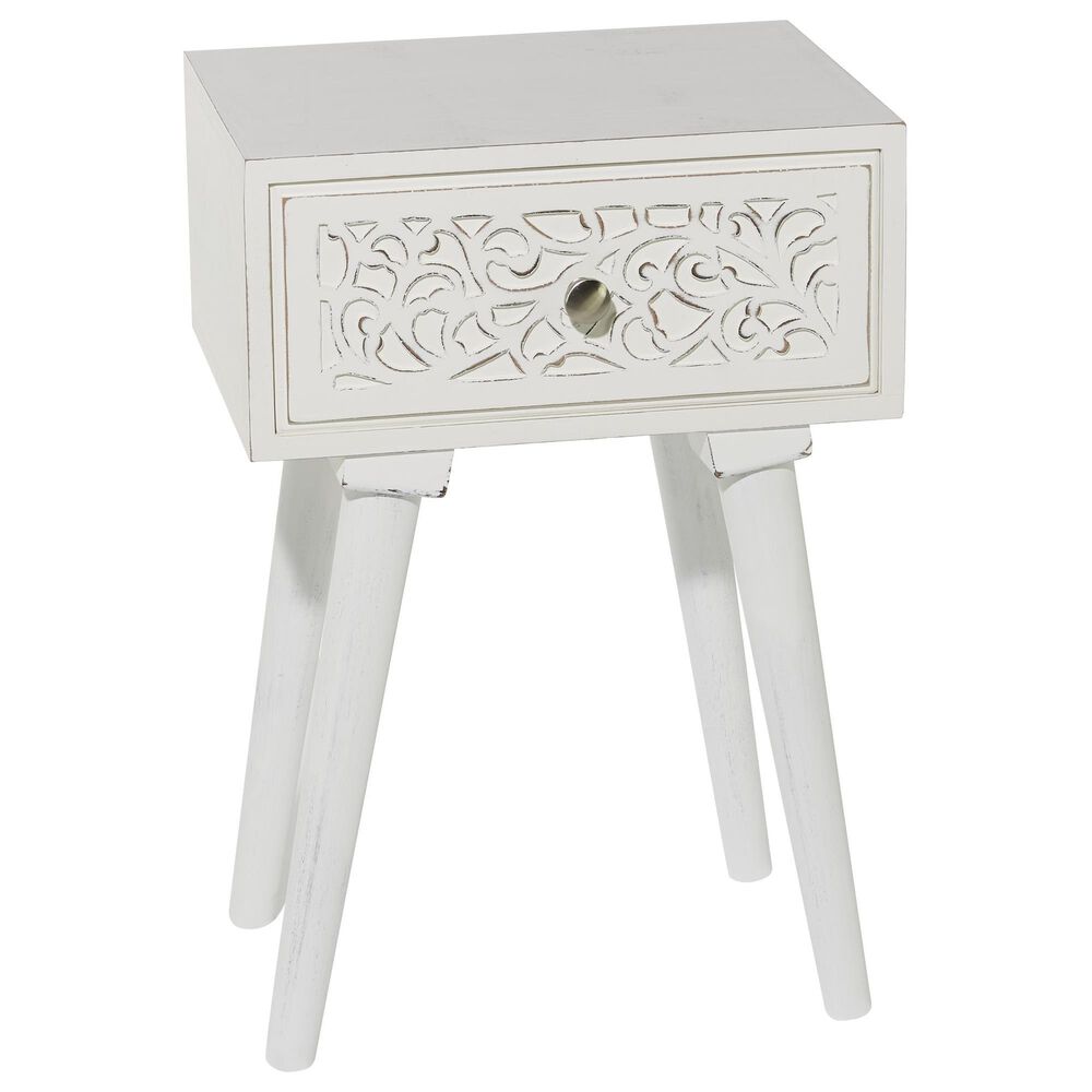 Maple and Jade Intricately Carved Single Drawer Scroll Accent End Table in Distressed White, , large