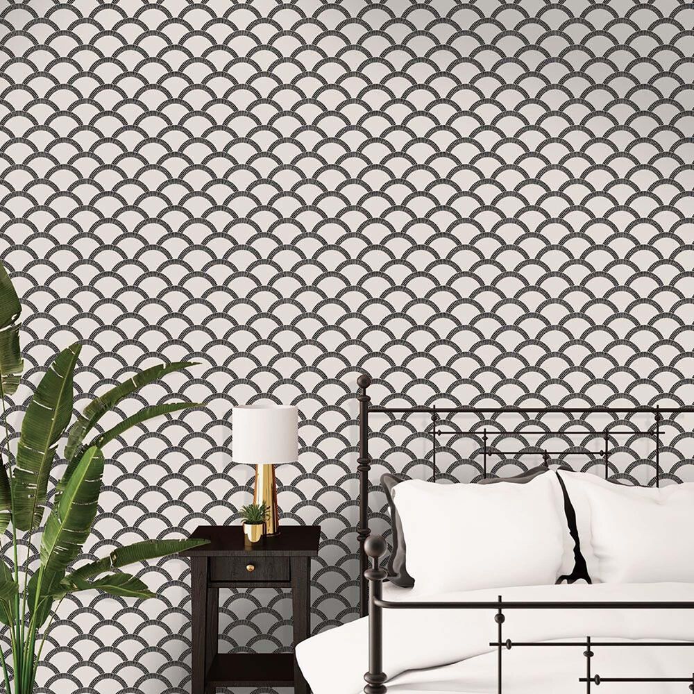 Tempaper 28 sq. ft. Mosaic Scallop Black &amp; Cream Peel and Stick Wallpaper, , large