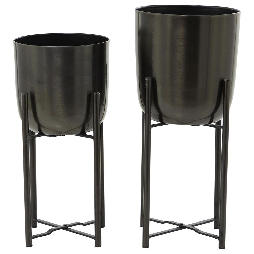Maple and Jade Deep Recessed Dome Indoor/Outdoor Planter with Removable Stand in Polished Black &#40;Set of 2&#41;, , large