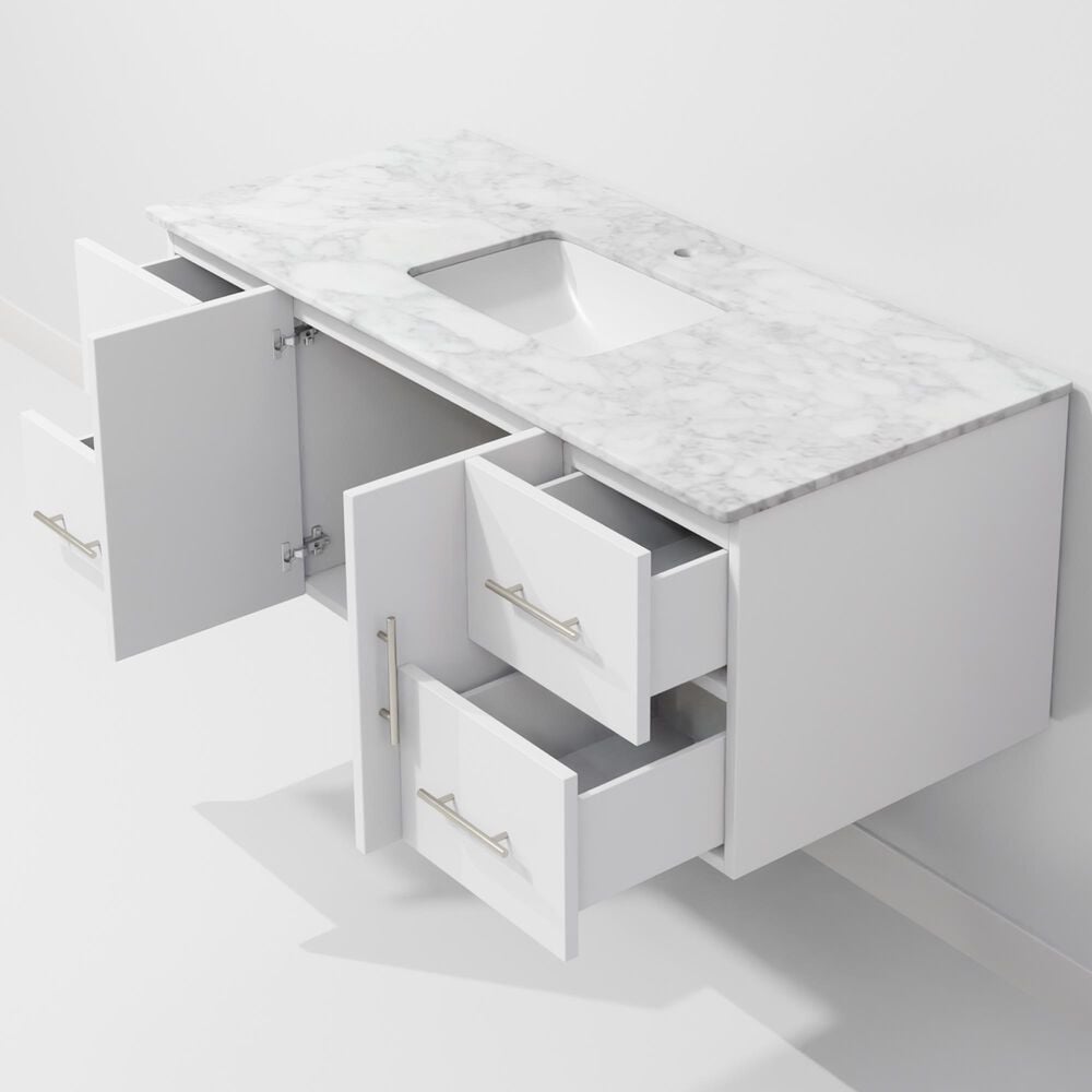 Lexora Home Geneva 48" Single Bathroom Vanity in Glossy White with 2 cm White Carrara Marble Top and Rectangular Sink, , large