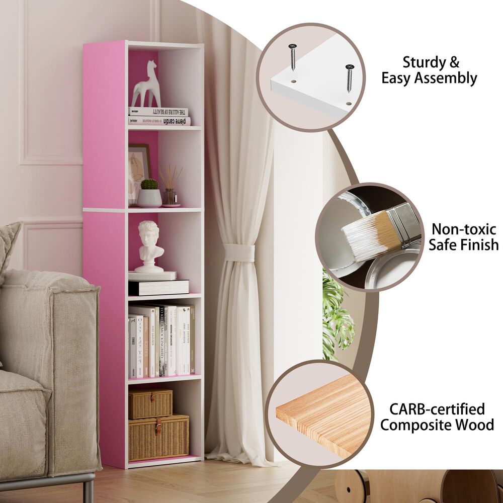 HOMLUX 5-Tier Cube Open Shelf Storage Organizer Bookcase in Pink and White, , large