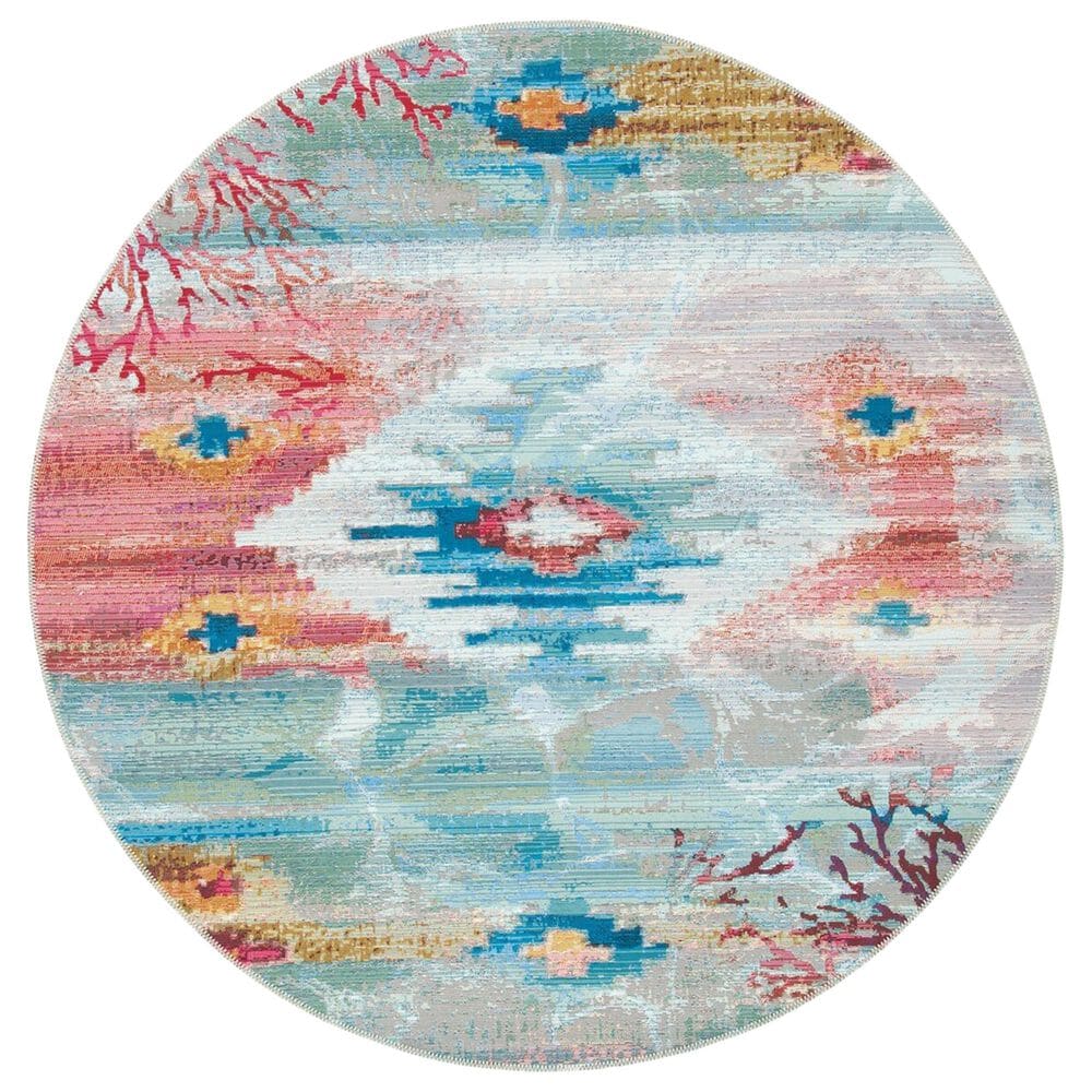 Safavieh Barbados Tropical Abstract 6"6" Round Light Blue and Pink Indoor/Outdoor Area Rug, , large
