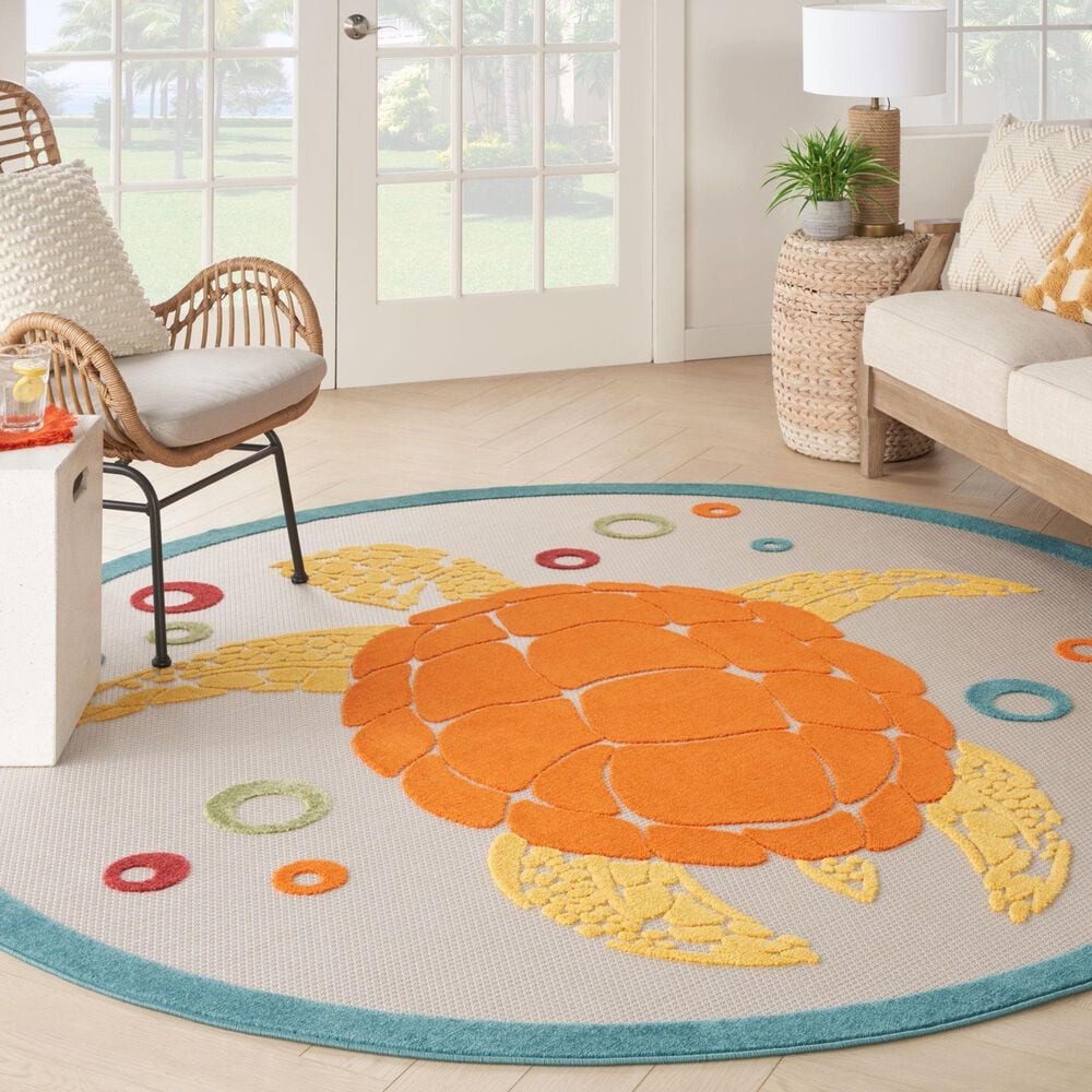Nourison Aloha 5&#39;3&quot; Round Teal and Multicolor Indoor/Outdoor Area Rug, , large