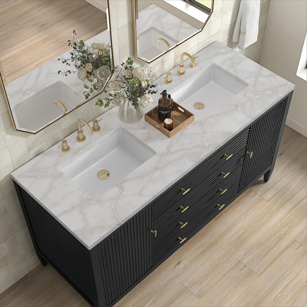 James Martin Vanities Myrrin 60&quot; Double Vanity in Carbon Oak with 3 cm Victorian Silver Quartz Top, , large