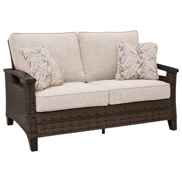 Ashley Monterey Point Stationary Loveseat with Beige Cushions in Dark Brown, , large