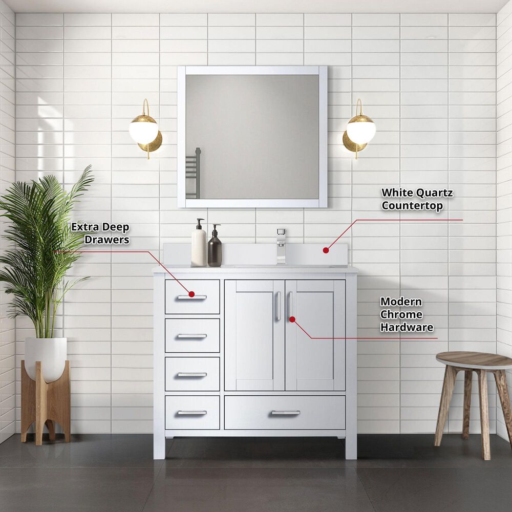 Lexora Home Jacques 36&quot; Right Offset Single Bathroom Vanity in Distressed Grey with 2 cm White Quartz Top, Rectangular Sink and 34&quot; Mirror, , large