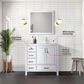 Lexora Home Jacques 36" Right Offset Single Bathroom Vanity in Distressed Grey with 2 cm White Quartz Top, Rectangular Sink and 34" Mirror, , large