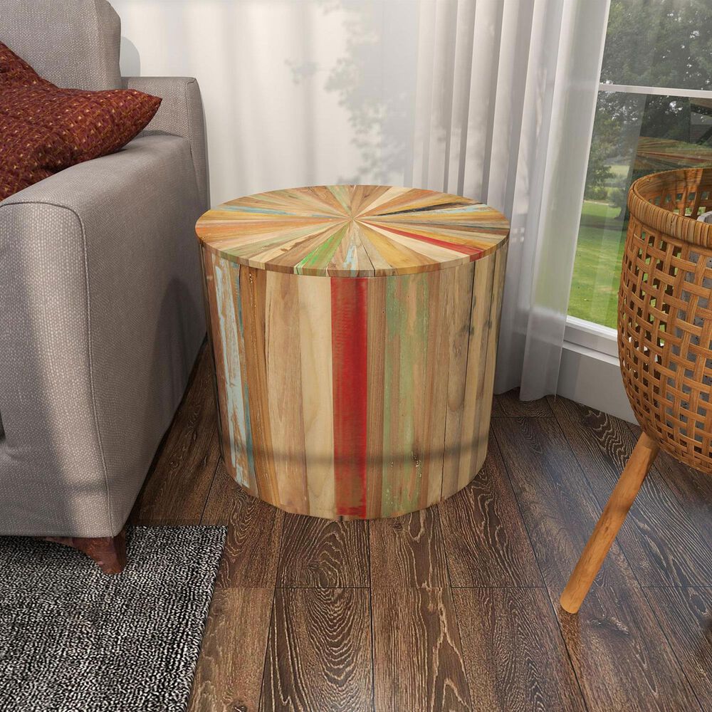 Maple and Jade Handmade Pinwheel Drum Accent End Table in Light Brown, , large
