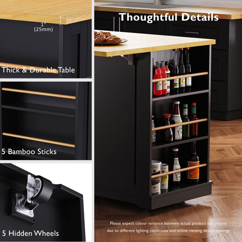 HOMLUX 48" Kitchen Island with Drop Leaf in Black and Natural, , large