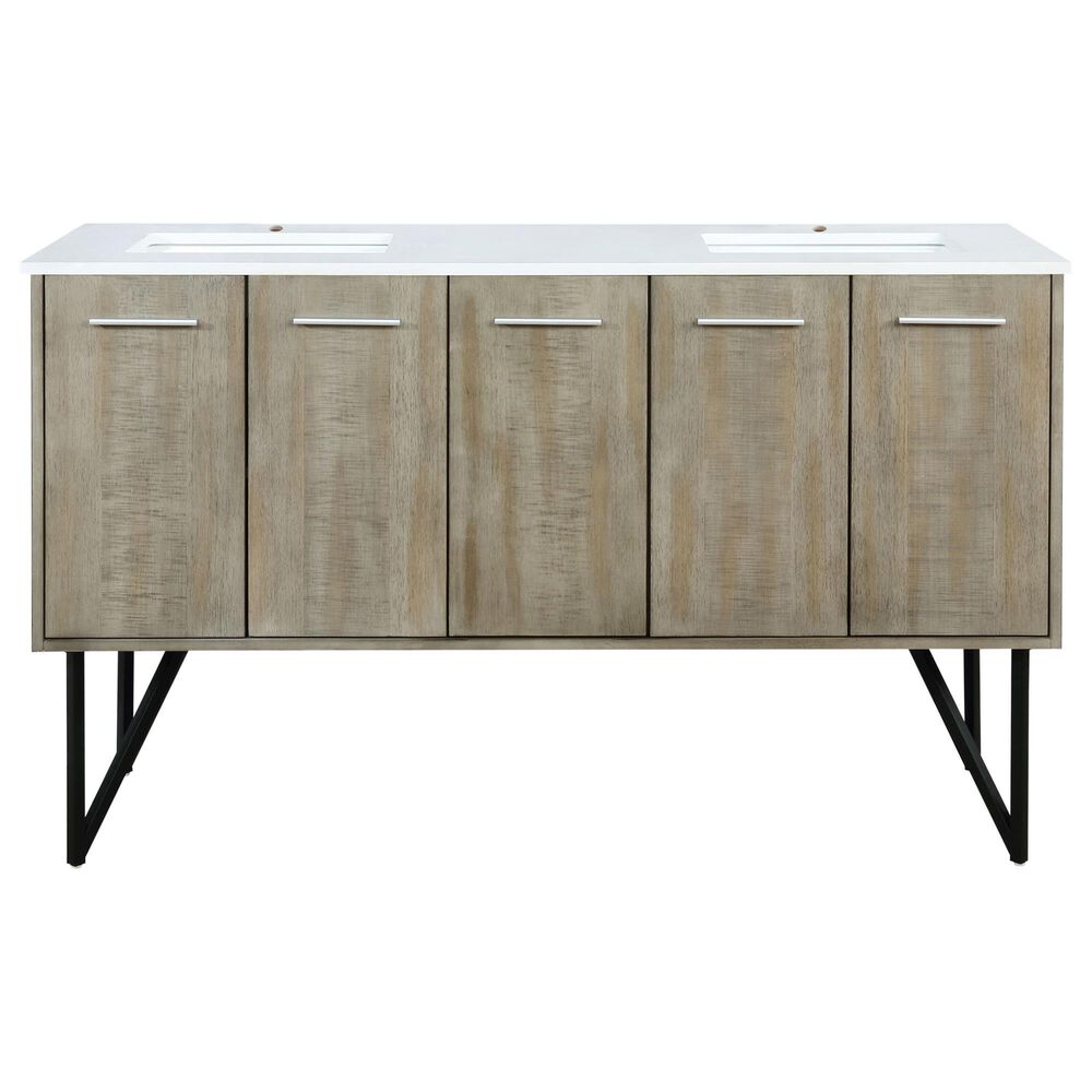 Lexora Home Lancy 60&quot; Double Bathroom Vanity in Rustic Acacia with 2 cm White Cultured Marble Top and Rectangular Sinks, , large