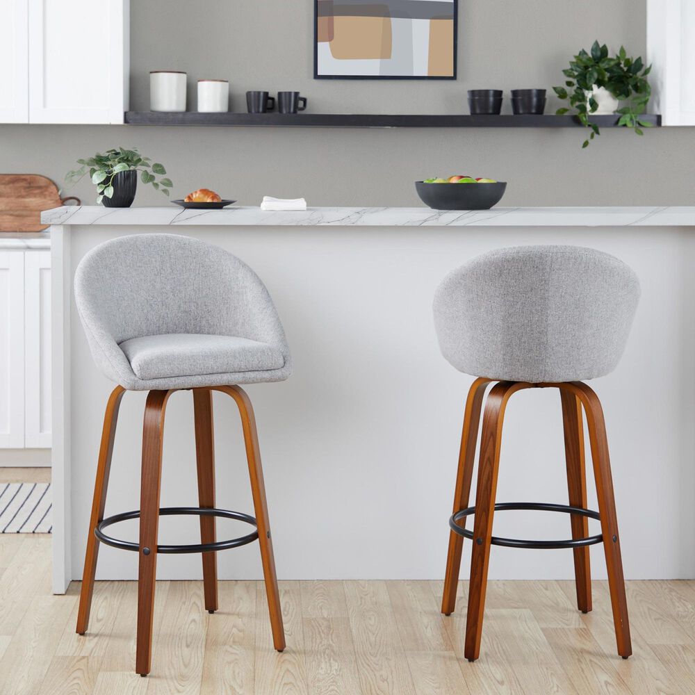 LumiSource Matisse 30" Swivel Barstool with Grey Fabric Upholstery in Walnut and Black (Set of 2), , large