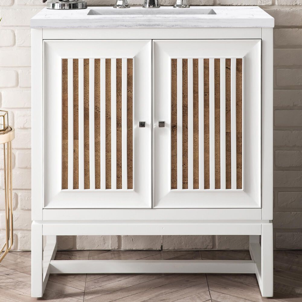 James Martin Vanities Athens 30&quot; Single Bathroom Vanity in Glossy White with 3 cm Arctic Fall Solid Surface Top and Rectangular Sink, , large
