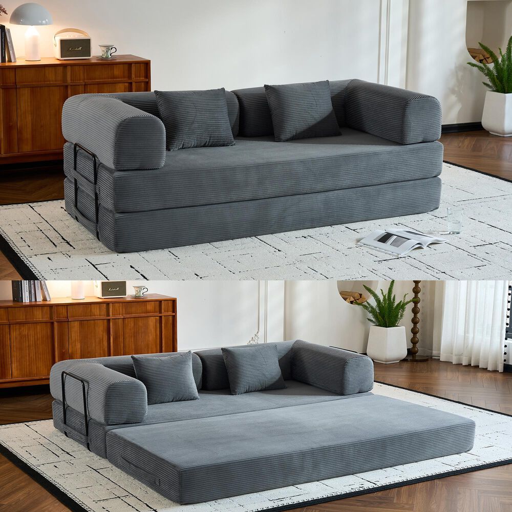 GigaCloud Corduroy Convertible Sleeper Sofa with Cylindrical Pillow in Gray, , large
