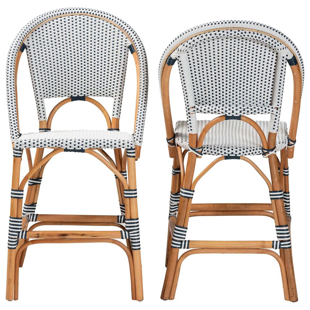 Baxton Studio Genica Counter Stool with Two-Tone Navy and White Weaving in Natural Rattan (Set of 2), , large