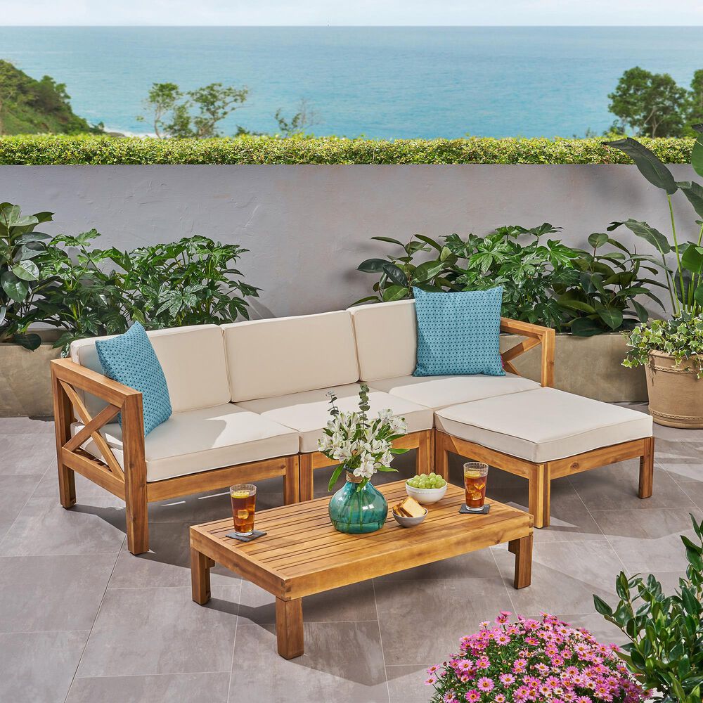 Hearth and Haven Alcove 5-Piece Outdoor L-Shape Sectional Set with Beige Cushion in Teak, , large