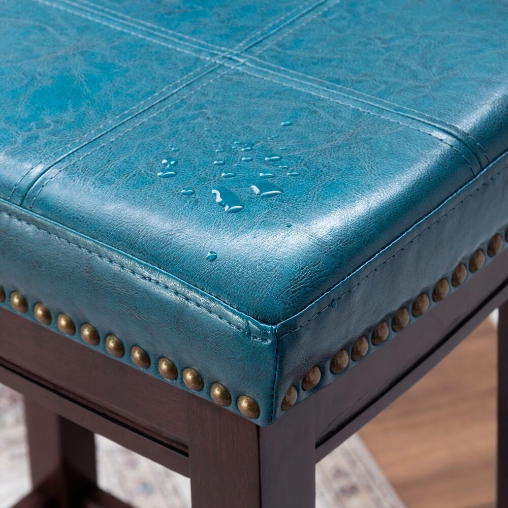 Linon Home Decor Claridge Bar Stool with Blue Cushion in Dark Brown, , large