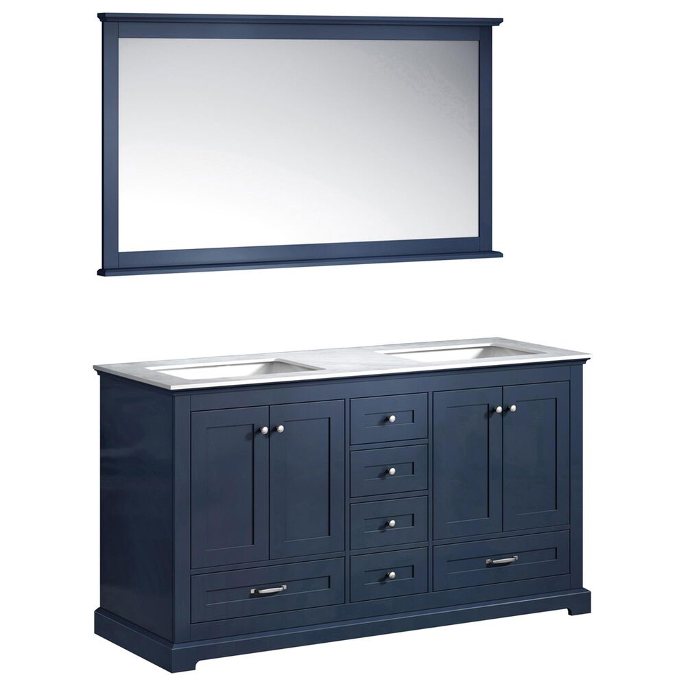 Lexora Home Dukes 60" Double Bathroom Vanity in Navy Blue with White Carrara Marble Top, Rectangle Sinks and Mirror, , large
