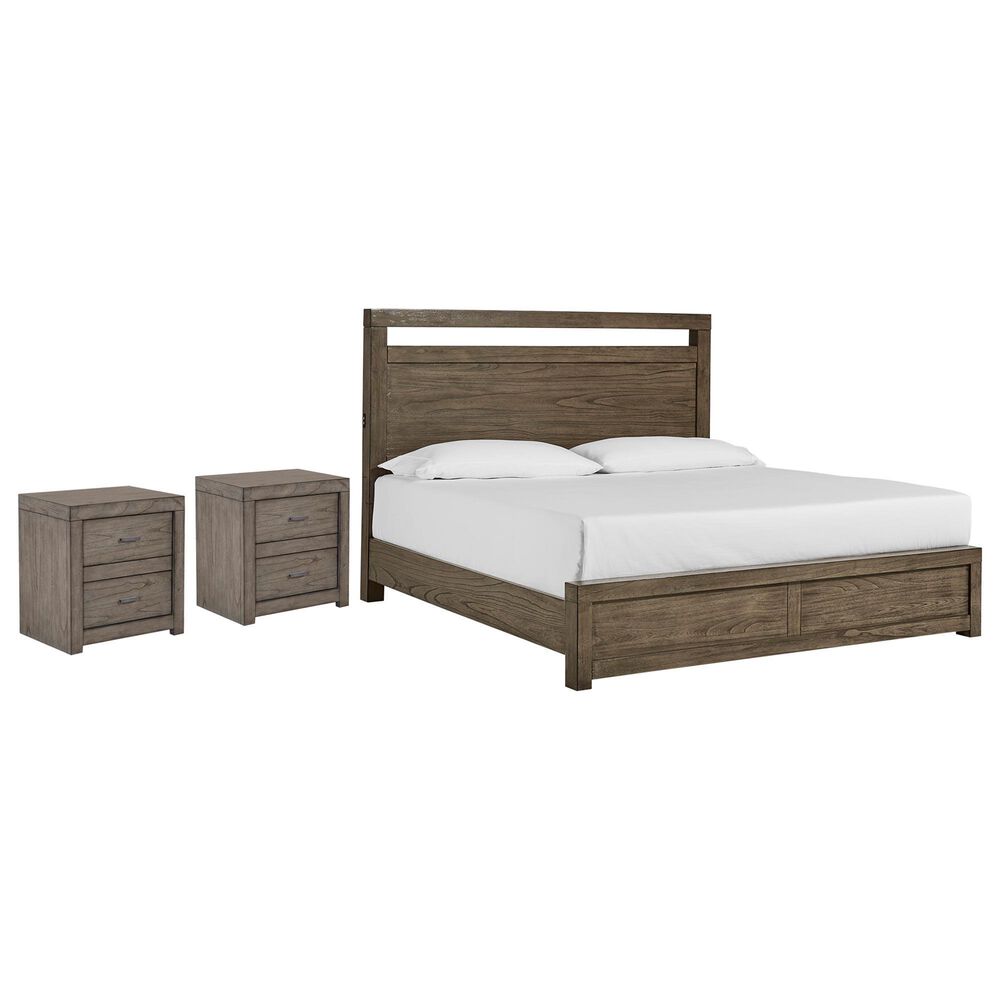 Riva Ridge Modern Loft King Panel Bed with Two Nightstands in Greystone, , large