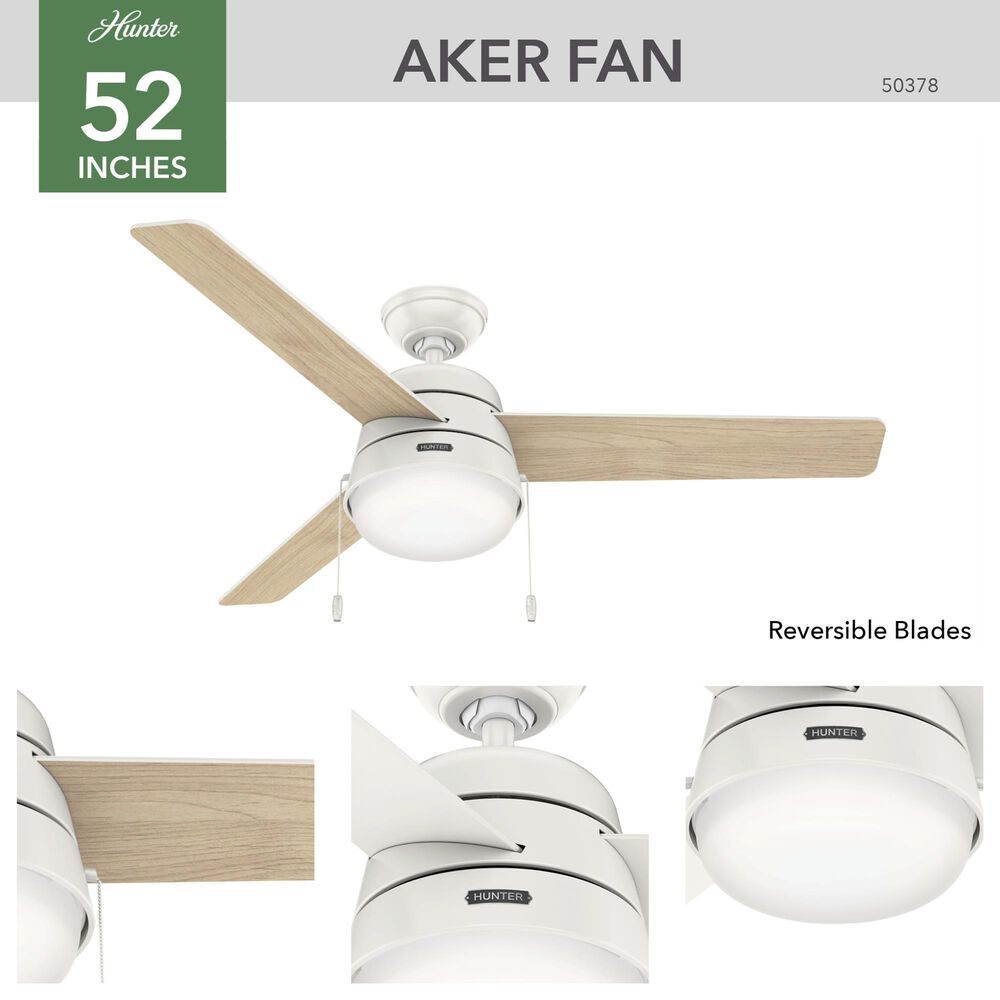 Hunter Aker 52&quot; Ceiling Fan with LED Lights in Fresh White, , large