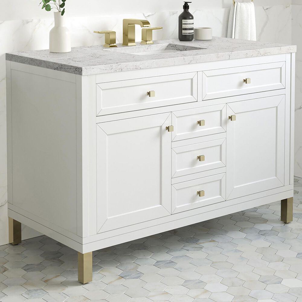 James Martin Vanities Chicago 48&quot; Single Bathroom Vanity in Glossy White with 3 cm Eternal Jasmine Pearl Quartz Top and Rectangular Sink, , large