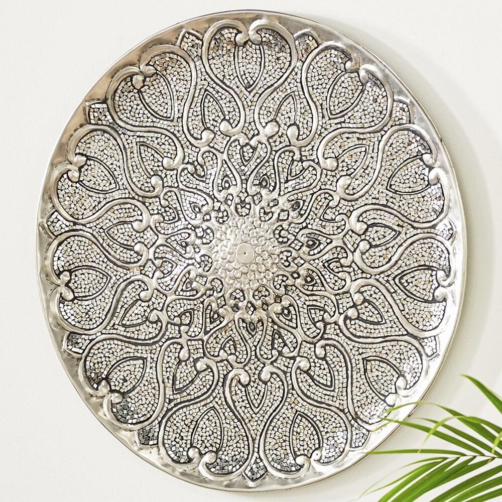 Maple and Jade 33&quot; x 33&quot; Round Plate Home Wall Decor with Embossed Details in Shiny Silver and Black, , large